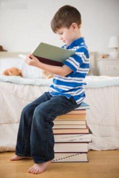 Portrait of boy (4-5) reading book