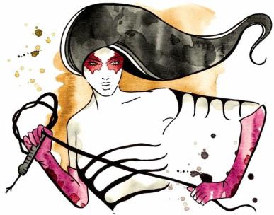 Watercolor illustration of a fashionable woman with a whip in her hand